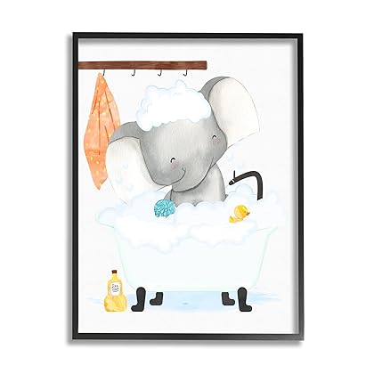 Stupell Industries Children's Baby Elephant Bubble Bath Rubber Duck Bathroom Black Framed Wall Art, White