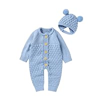 LAWKUL Baby Outfit Cotton Knit Newborn Infant Romper Knitted Longsleeve Sweater Clothes With Warm Hat Set Toddler Boy Girl