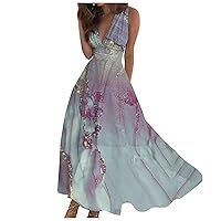 Dresses for Women 2024 Flowy Ruched Sleeveless Beach Dresses Wrap V Neck Floral Printed Maxi Dress Boho Sundresses