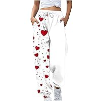 Women Love Heart Print Contrast Sweatpants Elastic High Waist Cinch Bottom Joggers Fashion Lounge Pant with Pockets