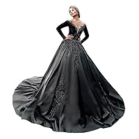Gothic Black Crewneck Satin Sequins Lace up Corset Wedding Dresses for Bride with Long Sleeves Train Bridal Ball Gowns
