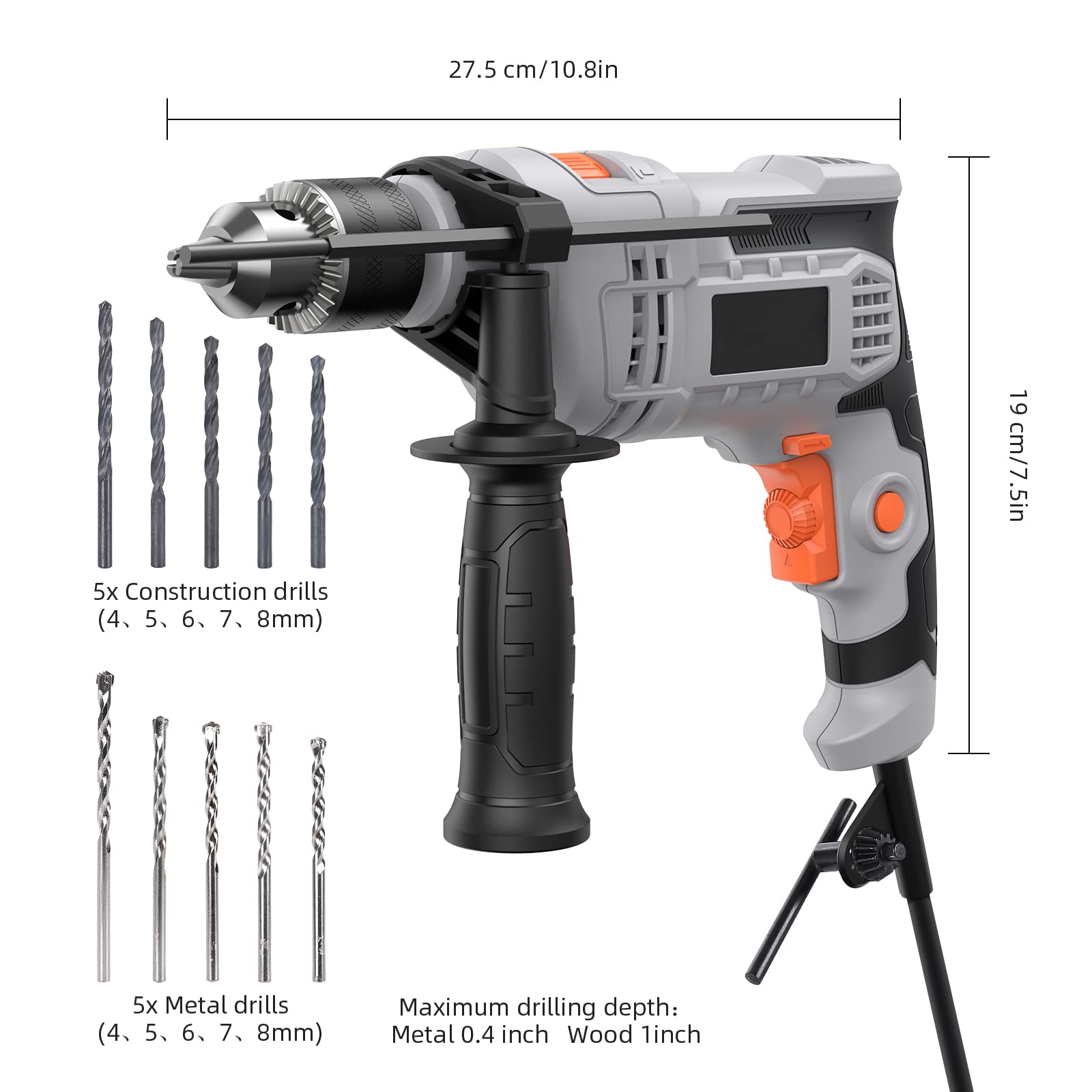 7-Amp Hammer Drill, PioneerWorks 1/2-Inch Electric Hammer Drill with 3000RPM, Variable Speed, 10 Drill Bits for Home Improvement, DIY, Masonry, Wood