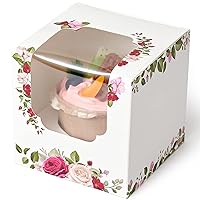 Individual Cupcake Boxes Roses Floral 50 Pcs, Mother's Day Flower Gift Boxes with Window for Mothers Day Packaging Treat Togo