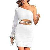 Mokoru Women's Sexy One Shoulder Mesh Long Sleeve Bodycon Ruched Cut Out Party Cocktail Mini Short Dresses