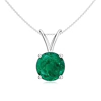 Natural Emerald Round Solitaire Pendant Necklace for Women in Sterling Silver / 14K Solid Gold/Platinum
