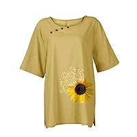 Shirt for Women Casual Short Sleeve Crewneck Print Blouse with Button Cotton Linen Oversized Summer T Shirt Tops