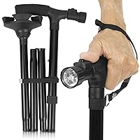 Vive Folding Cane with Light - Walking Adjustable Stick for Women, Men, Balance - Foldable Portable Collapsible Hand Balancing Mobility Aid - Lightweight, Heavy Duty, Comfortable - Swivel Quad Tip