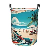 Beach Scenerys Round waterproof laundry basket,foldable storage basket,laundry Hampers with handle,suitable toy storage