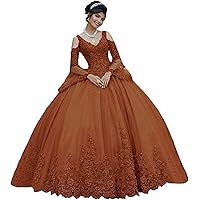 Women's Long Sleeve Ball Gown Quinceanera Dresses Lace Applique Formal Birthday Princess Gowns