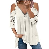 Womens Tops Hide Belly Loose Casual Lace Hollow Out Half Sleeve Zipper V-Neck Blouse Solid Color Waffle Tshirt Tunics