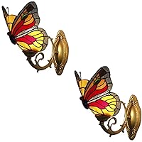 Butterfly Accent Wall Lamp Tiffany Style Wall Sconce Stained Glass LED Wall Light Fixture for Children Room Bedroom Restaurant Hotel (Red,2 Pcs)