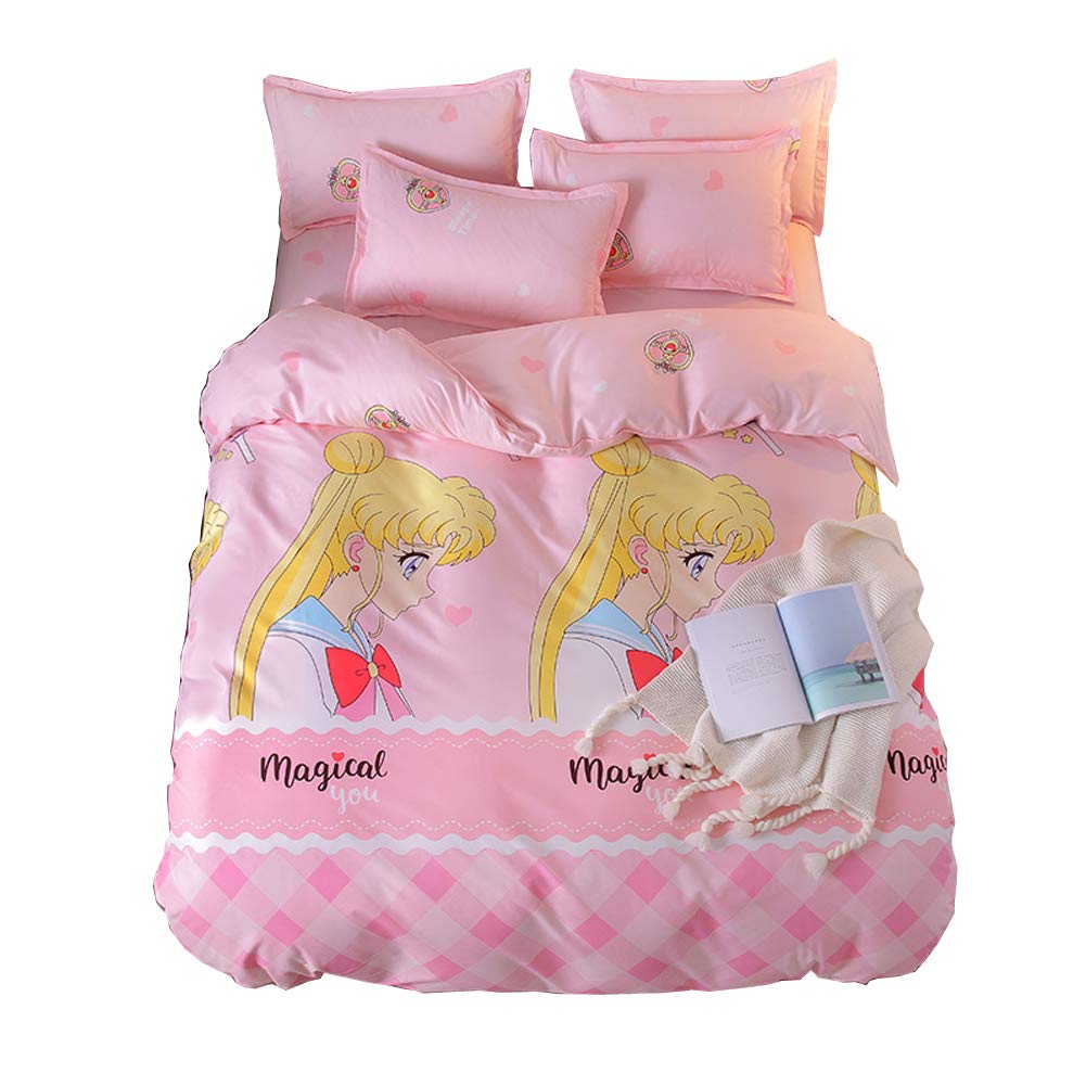 HOLY HOME Pink Princess Serenity Anime Bedding 4 Piece Duvet Cover Set Kid's Birthday Gift (Queen)