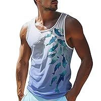 Men's Summer Ocean Print Casual Loose Shirts Workout Fitness Sports Comfy Tops Training Sleeveless Elastic Tank Shirt