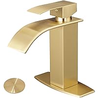 BESy Gold Waterfall Spout Bathroom Faucet, Single Handle Bathroom Sink Faucet with Pop-up Drain, Rv Vanity Faucet with Deck Plate & Supply Hoses, Brushed Gold, 1 or 3 Hole
