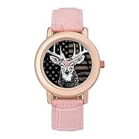 USA Flag Buck Head Women's Watches Classic Quartz Watch with Leather Strap Easy to Read Wrist Watch