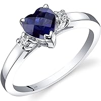PEORA Created Blue Sapphire and Genuine Diamond Heart Ring for Women 14K White Gold, Dainty Solitaire Design, 1 Carat, Size 7