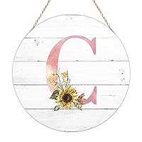 Welcome Sign Front for Door Monogram Initial C Pink Round Wood Sign Alphabet Sunflower Floral Wooden Plaques Garden Flower 12in Farmhouse Decorative Hanging Sign For Home Kitchen Bath Living Room