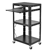 YITAHOME Large AV Cart with 16.4ft Extra-Long Cord, Metal Presentation Cart with Keyboard Tray, Rolling Media Cart with Wheels and Power, 2 Locking Brakes, Easy to Assemble, Black