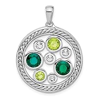 925 Sterling Silver Rhodium Created Emerald Peridot and White Topaz Circle Pendant Necklace Measures 35.3x27.3mm Wide 4.5mm Thick Jewelry Gifts for Women