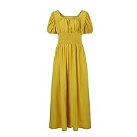 Women's Maxi Dress Solid Color Bubble Sleeve Short Vintage Drawstring Square Neck Cos Dresses Fall, XS-XL