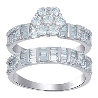 925 Sterling Silver Womens Baguette CZ Cubic Zirconia Simulated Diamond Flower Duo Ring Set Jewelry for Women - Ring Size Options: 10 6 7 8 9