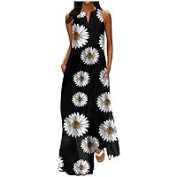 Women Casual Loose Bohemian Floral Dress with Pockets V-Neck Sleeveless Long Maxi Sundress Summer Beach Flowy Dresses