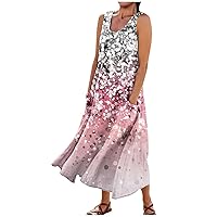 Sun Dresses for Women 2024 Beach Dresses for Women 2024 Floral Print Bohemian Casual Loose Fit Flowy with Sleeveless U Neck Linen Dress White 5X-Large