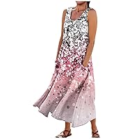 Summer Dresses for Women 2024 Printed Flowy Beach Dress with Pocket Sleeveless Casual Dress Swing Vacation Sun Dress