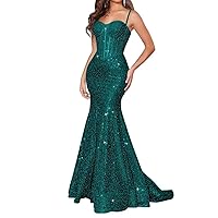 Mermaid Sequin Prom Dresses Long Sparkly Spaghetti Straps Corset Formal Evening Party Gown with Slit