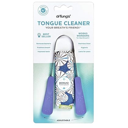 DrTung’s Stainless Tongue Scraper - Tongue Cleaner for Adults, Kids, Helps Freshens Breath, Easy to Use Comfort Grip Handle, Comes with Fabric Travel Pouch - Stainless Steel Tongue Scrapers, (1 Count)