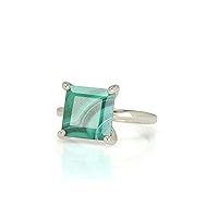 Sterling Silver Square Malachite Ring - Princess Cut Gemstone Engagement Ring - Unique Silver Ring with Green Stone