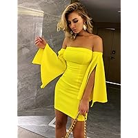 Women's Dresses Casual Wedding Off Shoulder Split Bell Sleeve Dress Wedding Guest (Color : Yellow, Size : X-Small)