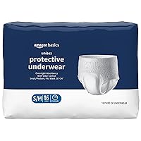 Amazon Basics Incontinence Underwear for Men and Women, Overnight Absorbency, Small/Medium, 16 Count, White (Previously Solimo)