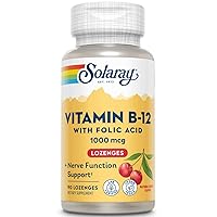 SOLARAY Vitamin B-12 1000mcg Lozenges with Folic Acid | Natural Cherry Flavor | Healthy Energy Support | 90 Count | Pack of 2