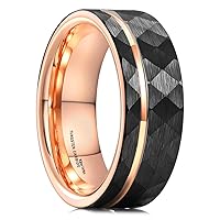 King Will Hammer 8MM Men's Tungsten Ring Black/Silver/Gold/Rose Gold Faceted Finish Tungsten Carbide Wedding Band Stripe Two Tone Rose Gold/Silver Plating Groove