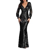 Ladies Sexy Sequin Wrap Dress Deep V Neck Long Sleeve Ruched Bodycon Cocktail Dress Party Night Club Formal Maxi Dresses