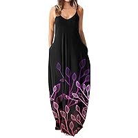 Summer Maxi Dresses for Women 2023 Spaghetti Strap Sleeveless Floral Casual Loose Hawaiian Beach Dresses with Pockets