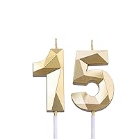 2 inch Gold 15 & 51 Birthday Candles, 3D Diamond Number 15th & 51st Cake Topper for Boys Girls Birthday Party Decorations Theme Party