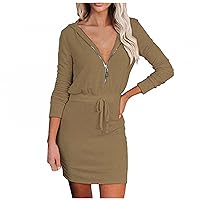 Womens Casual Hoodie Dress Cozy Solid Long Sleeve Zipper Slim Fit Dresses Pullover Sweater with Belted