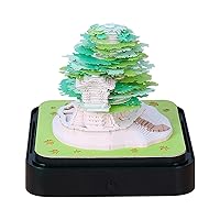 3D Art Calendar Memo Pad 2024,Creative Time Piece Calendar Green Tree House with Light DIY Paper Carving Note Desktop Decoration Gift