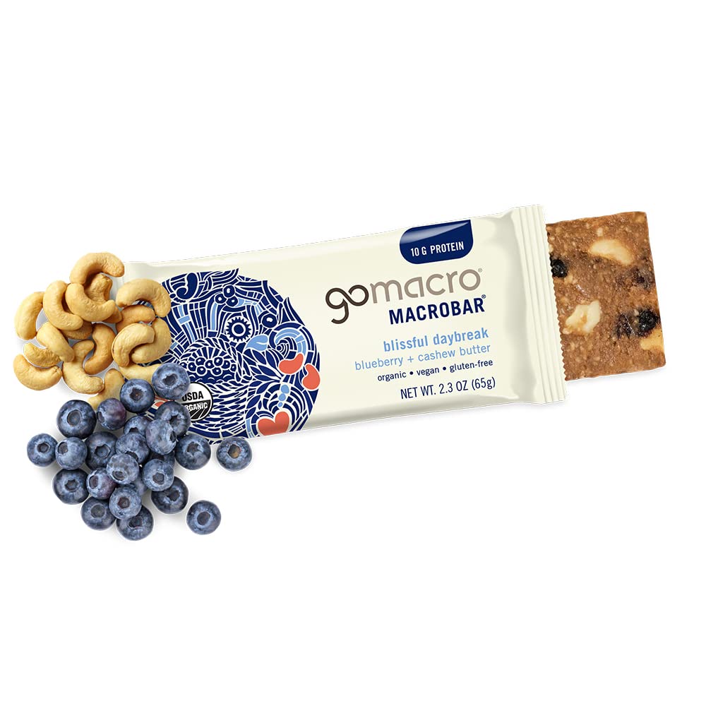 GoMacro Macrobar Organic Vegan Protein Bars - Blueberry + Cashew Butter (2.3 Ounce Bars (Pack of 12)