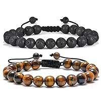 M MOOHAM Natural Stone Bracelets for Men - 8mm Tiger Eye | Matte Agate | Lava Rock Bracelets for Men Teen Boys Gifts Anniversary Fathers Day Birthday Gifts for Him