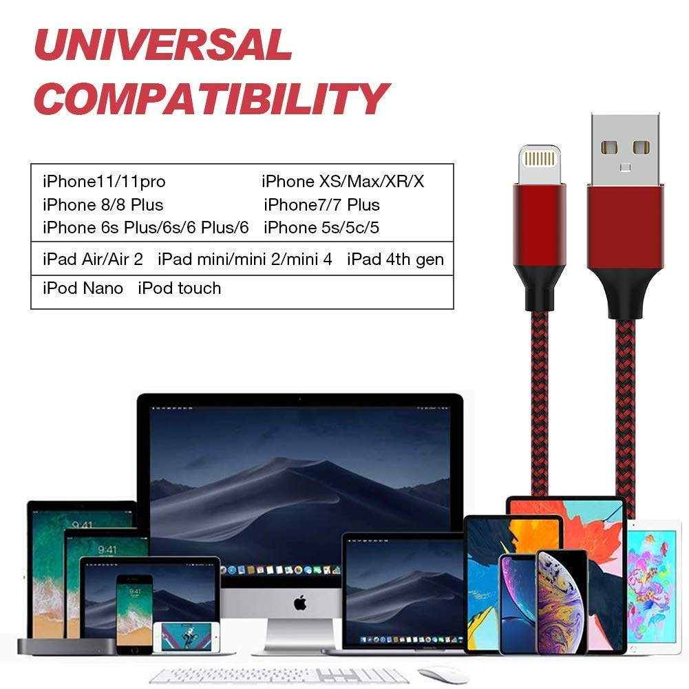 iPhone Charger [MFi Certified] Cable HOVAMP 5Pack[6/6/6/6/6FT] Nylon Braided Fast Compatible iPhone 12Pro/12/11Pro Max and More-Black&Red