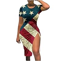 4th of July Dress Women American Flag Patriotic Dresses Sexy Short Sleeve Drawstring Side Split Bodycon Ruched Midi Dress