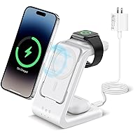 3 in 1 Wireless Charging Station, Fast Charger Stand Compatible for iPhone/Apple Watch/Airpods, 5000mAh Mag-Safe Battery Pack USB C Power Bank for 15 14 13 12 Series, 20W PD Adapter (White)