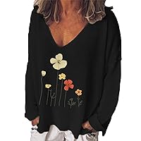 Wirziis Womens Long Sleeve V Neck Tshirts, Fashion Floral Print Sexy Tunic Tops Ladies Casual Loose Comfy Sweatshirt Blouses