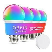 Matter Smart Light Bulbs with Remote Control Reliable WiFi Light Bulb A19 E26 LED Color Changing Light Bulbs 60W Equi 800LM CRI90 Work with Alexa/Google Home/Apple Home/SmartThings/Siri 4Pack