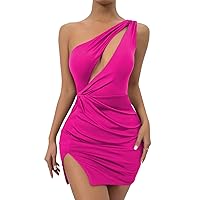 Hilinker Women's Sexy One Shoulder Cut Out Split Bodycon Mini Dress Ruched Club Party Short Dresses