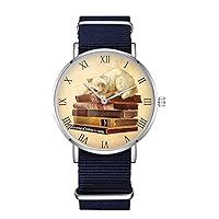 Cat and Old Books Design Nylon Watch for Men and Women, Reading Art Theme Unisex Wristwatch, Authors Literary Lover Gift Idea