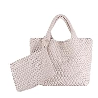 Woven Tote Bag, Women Macaron Soft Leather Weave Handbag Purse Wrist Bag Large Capacity Work Shopping Travel Daily